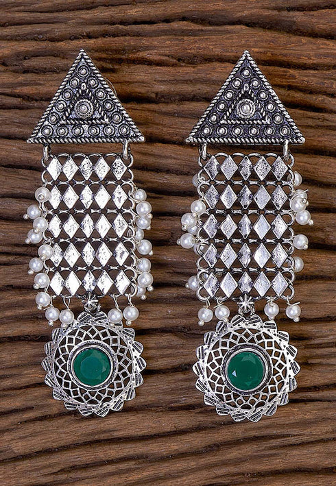 Green Stone Studded Oxidised Earrings